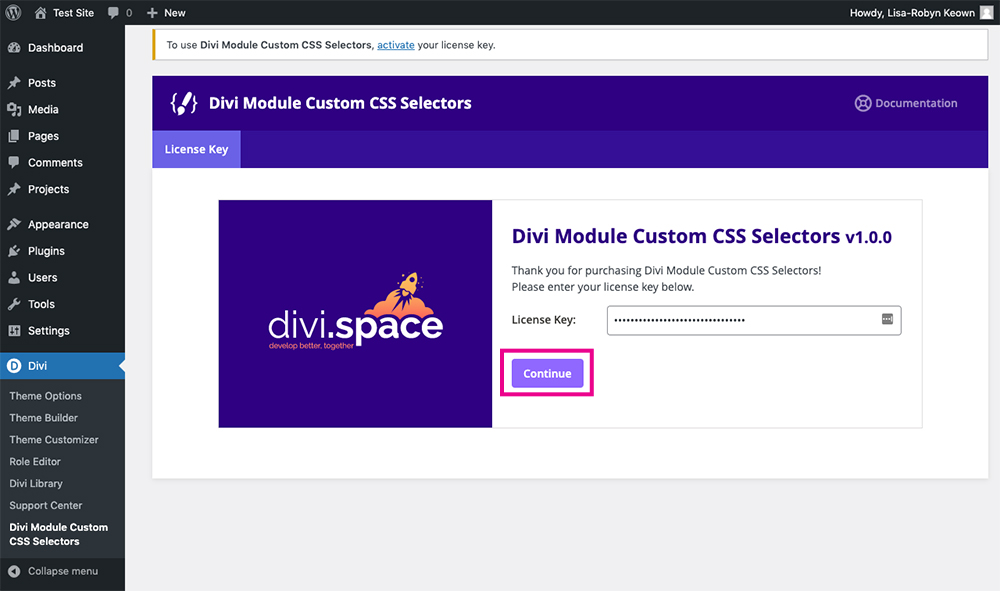 Divi Modul egyéni CSS-választók - Dokumentáció - Telepítés - Licenckulcs